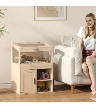 Jaula para Hámster con Espacio de Almacenaje Paneles Acrílicos Visibles Estante Ajustable 60x40x82,5 cm Natural