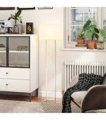 Lámpara de Pie para Salón 150 cm con Pantalla de Tela Luz Nocturna Interruptor de Pie y Base Metálico Blanco