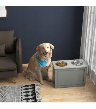 Comedero Elevado para Perros Grandes con 2 Cuencos de 2000ml y Almacenamiento Oculto 60x30x41 cm Gris