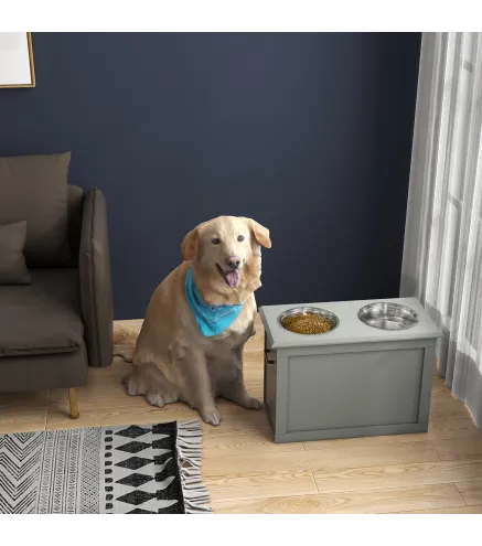 Comedero Elevado para Perros Grandes con 2 Cuencos de 2000ml y Almacenamiento Oculto 60x30x41 cm Gris
