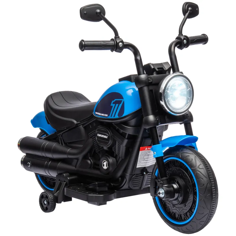 Moto Eléctrica para Niños de 18-36 Meses con Batería 6V Faro y Ruedas Auxiliares Desmontables Azul