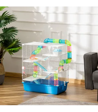 Jaula para Hámster con Túnel Plataformas Cuenco Bebedero Casita Rampas y Rueda de Ejercicio 59x36x69 cm Azul