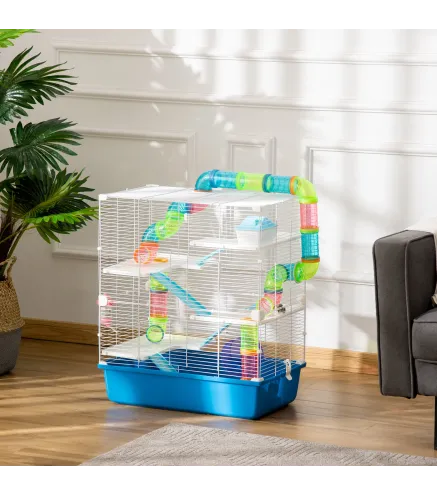 Jaula para Hámster con Túnel Plataformas Cuenco Bebedero Casita Rampas y Rueda de Ejercicio 59x36x69 cm Azul