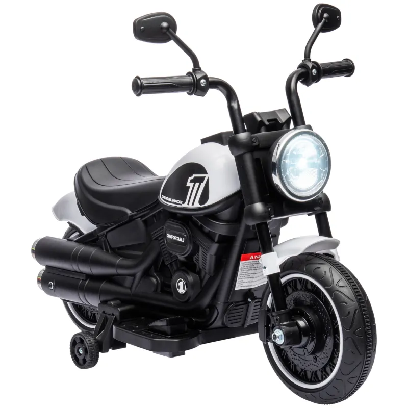 Moto Eléctrica para Niños de 18-36 Meses con Batería 6V Faro y Ruedas Auxiliares Desmontables Blanco