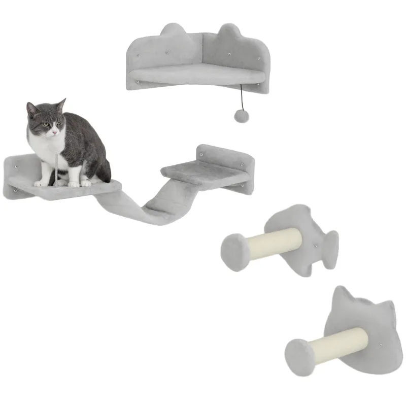 Juego de Pared de Escalada para Gatos con Postes de Sisal Plataforma Doble con Escalera y 1 Plataforma para Saltar Gris