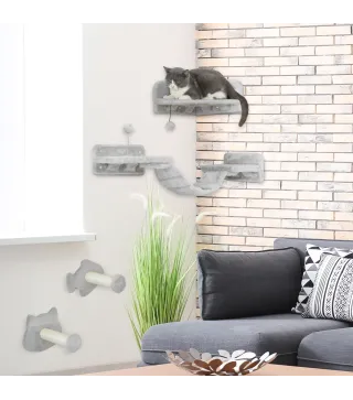 Juego de Pared de Escalada para Gatos con Postes de Sisal Plataforma Doble con Escalera y 1 Plataforma para Saltar Gris