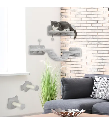 Juego de Pared de Escalada para Gatos con Postes de Sisal Plataforma Doble con Escalera y 1 Plataforma para Saltar Gris