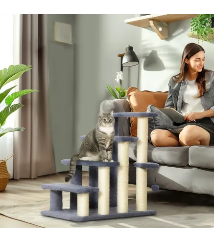 Escalera para Gatos de 4 Niveles Cubierto de Suave Felpa Poste de Sisal Bola Colgante 60x40x64 cm Gris