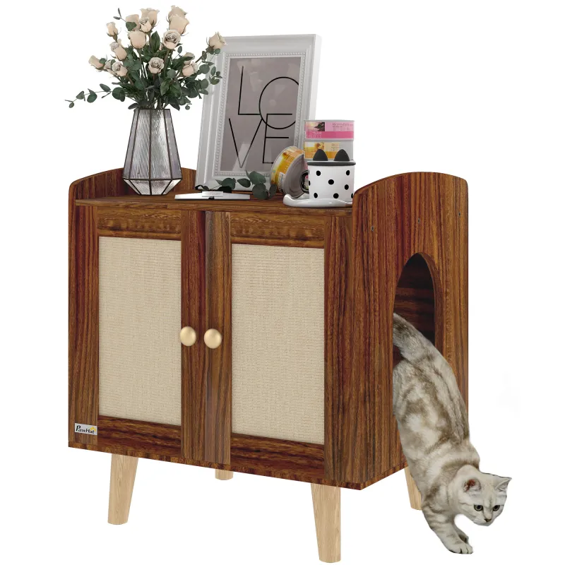 Mueble Arenero para Gatos Mesa Auxiliar con Puertas con Esteras de Sisal para Salón Dormitorio 55x43x59,6 cm Marrón