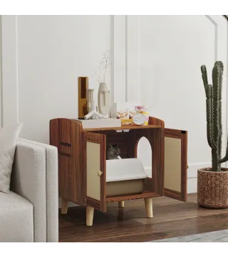 Mueble Arenero para Gatos Mesa Auxiliar con Puertas con Esteras de Sisal para Salón Dormitorio 55x43x59,6 cm Marrón