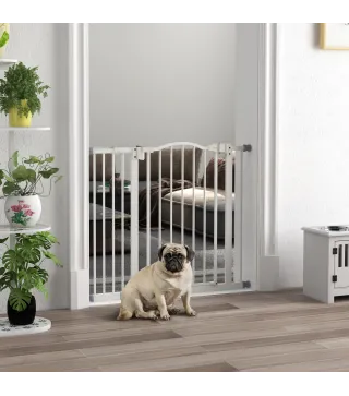 Barrera de Seguridad para Perros 74-94 cm con Extensión Montaje a Presión Doble Bloqueo para Puerta Escalera Blanco