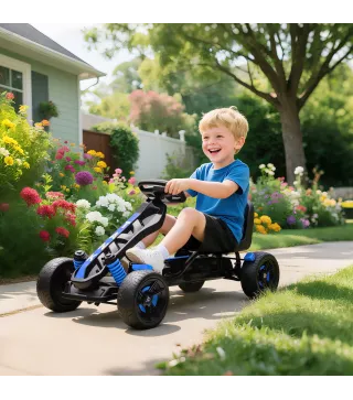 Kart Pedales para Niños de +3 Años con Embrague Automático Freno Ruedas Antideslizantes de EVA y Marco Metálico Azul