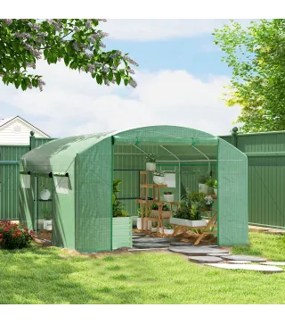 Invernadero de Túnel 4x3x2 m con 6 Ventanas 3 Puertas Enrollables Cubierta de PE y Estructura de Acero Galvanizado Verde