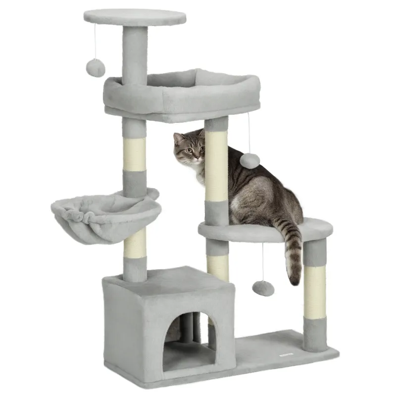 Rascador para Gatos Altura 104 cm Árbol para Gatos con Postes de Sisal Cueva Plataformas y Bolas Colgantes Gris Claro