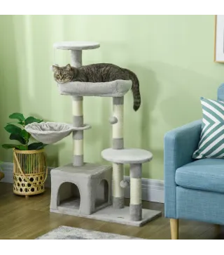 Rascador para Gatos Altura 104 cm Árbol para Gatos con Postes de Sisal Cueva Plataformas y Bolas Colgantes Gris Claro