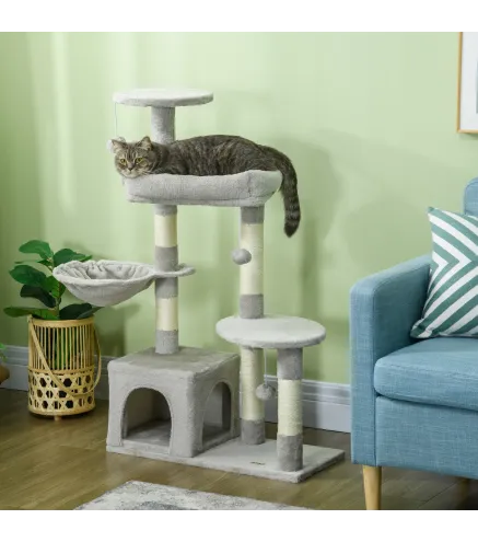 Rascador para Gatos Altura 104 cm Árbol para Gatos con Postes de Sisal Cueva Plataformas y Bolas Colgantes Gris Claro