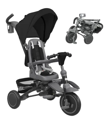 Triciclo Evolutivo 6 en 1 Plegable Asiento Giratorio de 360° Mango Parental Respaldo Reclinable Toldo Negro