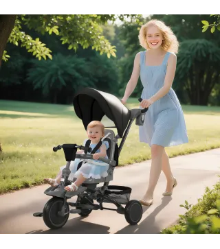 Triciclo Evolutivo 6 en 1 Plegable Asiento Giratorio de 360° Mango Parental Respaldo Reclinable Toldo Negro