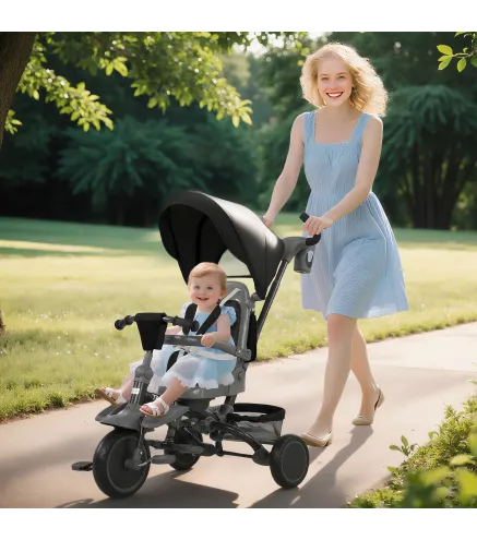 Triciclo Evolutivo 6 en 1 Plegable Asiento Giratorio de 360° Mango Parental Respaldo Reclinable Toldo Negro