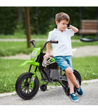 Moto Eléctrica para Niños de +3 Años con Batería 12V Música y Ruedas Auxiliares Carga 30 kg Verde