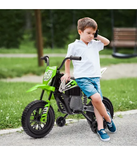 Moto Eléctrica para Niños de +3 Años con Batería 12V Música y Ruedas Auxiliares Carga 30 kg Verde