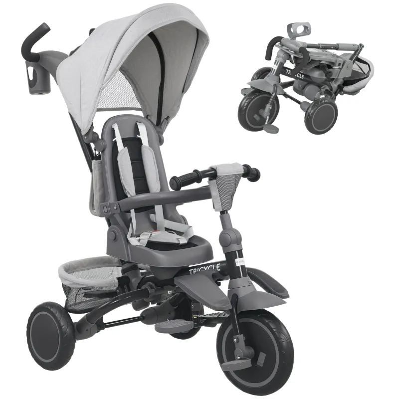 Triciclo Evolutivo 6 en 1 Plegable Asiento Giratorio de 360° Mango Parental Respaldo Reclinable Toldo Gris