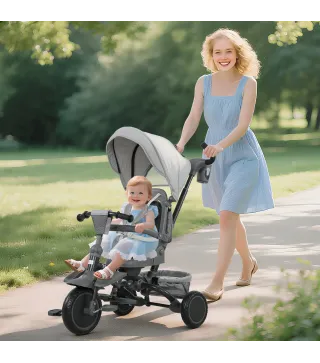 Triciclo Evolutivo 6 en 1 Plegable Asiento Giratorio de 360° Mango Parental Respaldo Reclinable Toldo Gris