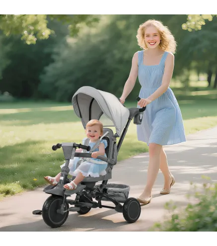 Triciclo Evolutivo 6 en 1 Plegable Asiento Giratorio de 360° Mango Parental Respaldo Reclinable Toldo Gris