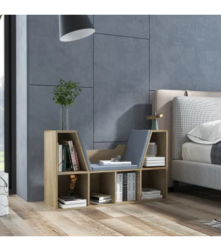 Librería con Asiento Estantería de Libros con 6 Cubos Cojín para Sala de Estar Dormitorio 102x30x61cm Roble y Gris