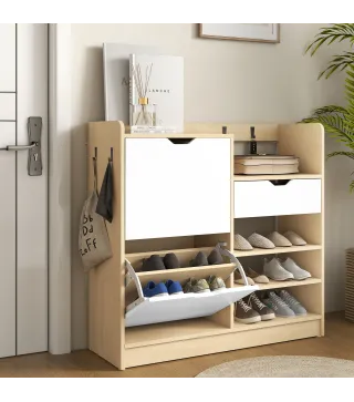 Zapatero Entrada Recibidor con Cajón Estantes Abiertos 4 Ganchos para 14 Pares de Zapatos Natural y Blanco