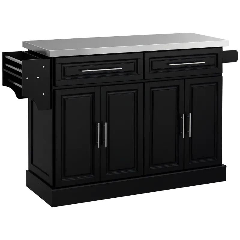 Isla de Cocina con Ruedas Tablero de Acero Inoxidable Cajones Estantes Ajustables Especiero Toallero 145x45x93 cm Negro