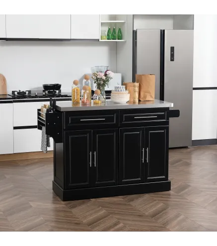 Isla de Cocina con Ruedas Tablero de Acero Inoxidable Cajones Estantes Ajustables Especiero Toallero 145x45x93 cm Negro