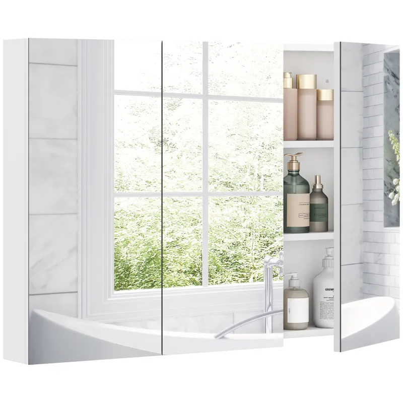 Armario de Baño con Espejo Armario de Pared con 3 Puertas Estantes Ajustables 91,5x11,5x65 cm Blanco