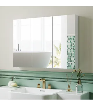 Armario de Baño con Espejo Armario de Pared con 3 Puertas Estantes Ajustables 91,5x11,5x65 cm Blanco