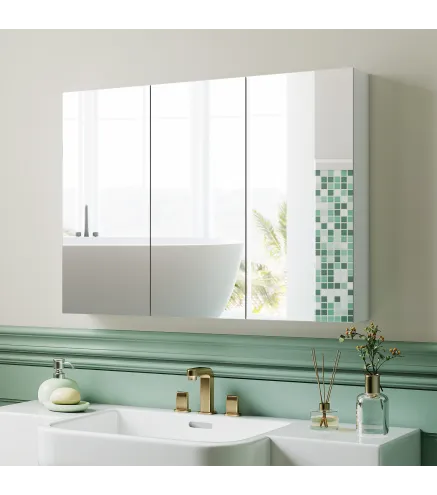 Armario de Baño con Espejo Armario de Pared con 3 Puertas Estantes Ajustables 91,5x11,5x65 cm Blanco