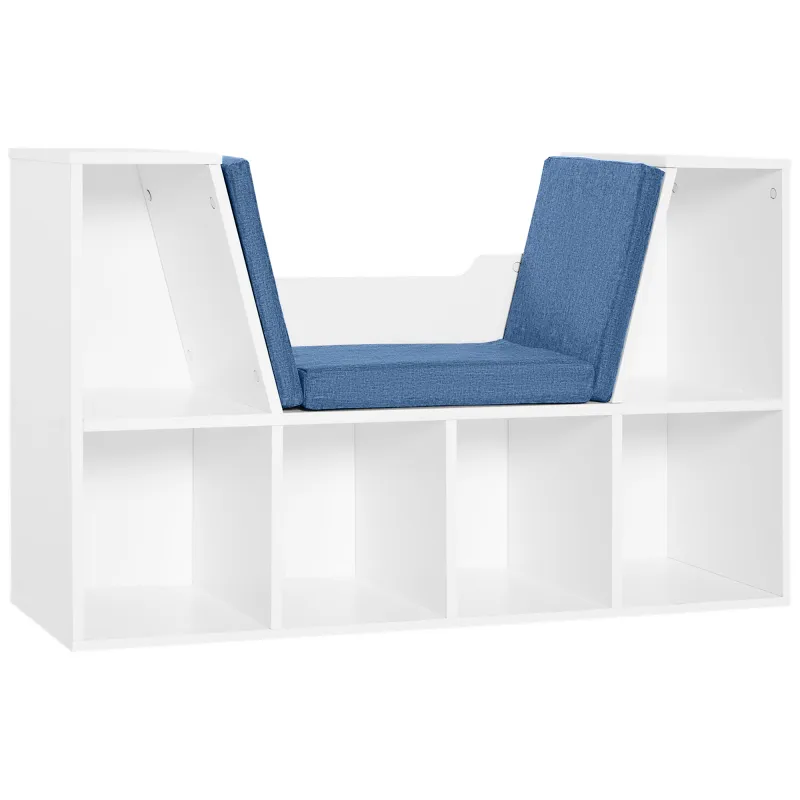 Librería con Asiento Estantería de Libros con 6 Cubos Cojín para Sala de Estar Dormitorio 102x30x61cm Blanco y Azul