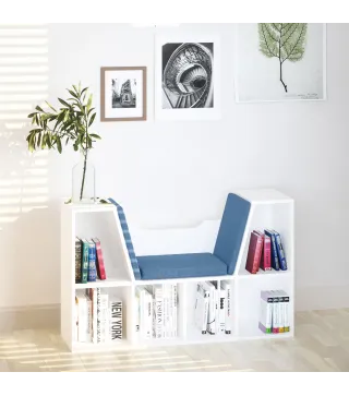 Librería con Asiento Estantería de Libros con 6 Cubos Cojín para Sala de Estar Dormitorio 102x30x61cm Blanco y Azul