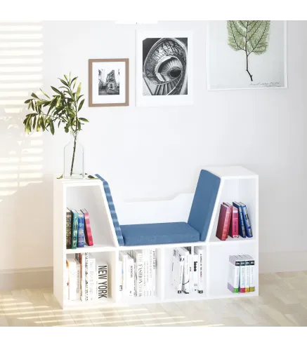Librería con Asiento Estantería de Libros con 6 Cubos Cojín para Sala de Estar Dormitorio 102x30x61cm Blanco y Azul