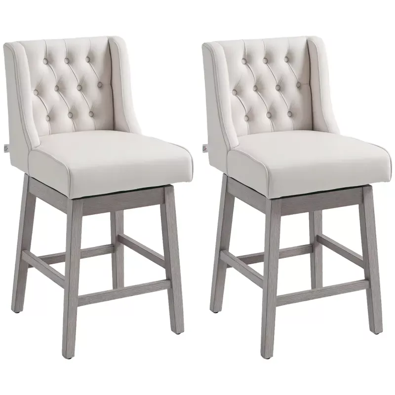 Juego de 2 Taburetes de Bar con Respaldo Taburetes Altos de Cocina Giratorios 180° Patas de Madera 46x57x101 cm Beige