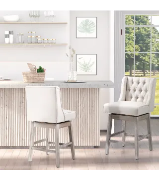 Juego de 2 Taburetes de Bar con Respaldo Taburetes Altos de Cocina Giratorios 180° Patas de Madera 46x57x101 cm Beige