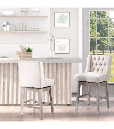 Juego de 2 Taburetes de Bar con Respaldo Taburetes Altos de Cocina Giratorios 180° Patas de Madera 46x57x101 cm Beige