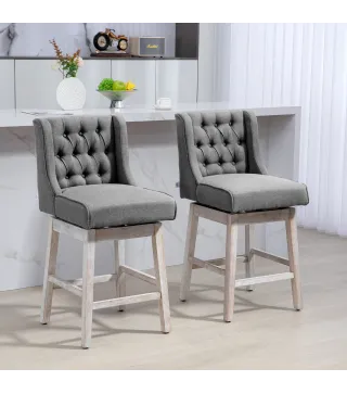 Juego de 2 Taburetes de Bar con Respaldo Taburetes Altos de Cocina Giratorios 180° Patas de Madera 46x57x101 cm Gris