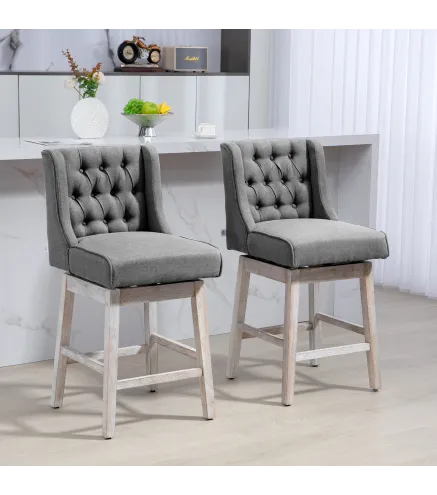 Juego de 2 Taburetes de Bar con Respaldo Taburetes Altos de Cocina Giratorios 180° Patas de Madera 46x57x101 cm Gris