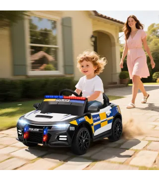 Coche Eléctrico para Niños de Policía para Niño de +3 Años 12V con Mando a Distancia 2,4G Luces Sirena Música Multicolor