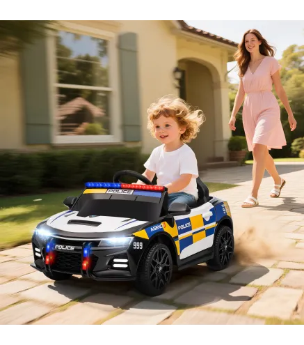 Coche Eléctrico para Niños de Policía para Niño de +3 Años 12V con Mando a Distancia 2,4G Luces Sirena Música Multicolor