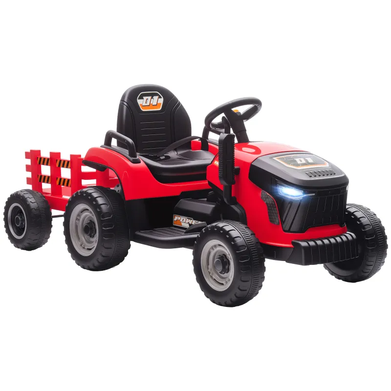 Tractor Eléctrico para Niños con Remolque Desmontable Batería 12V Velocidad 3-5 km/h, Control Remoto 2,4G Rojo