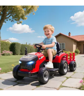 Tractor Eléctrico para Niños con Remolque Desmontable Batería 12V Velocidad 3-5 km/h, Control Remoto 2,4G Rojo