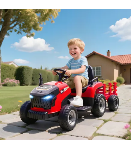 Tractor Eléctrico para Niños con Remolque Desmontable Batería 12V Velocidad 3-5 km/h, Control Remoto 2,4G Rojo