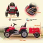 Tractor Eléctrico para Niños con Remolque Desmontable Batería 12V Velocidad 3-5 km/h, Control Remoto 2,4G Rojo