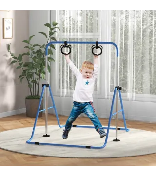 Barra de Gimnasia para Niños con Altura Ajustable en 5 Niveles y Anillos Entrenamiento de Gimnasia Plegable en Casa Azul